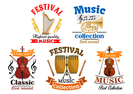 Emblems for classic, live music festival, concert. Vector elements of musical instruments harp and trumpet, contrabass, drums, violinのイラスト素材