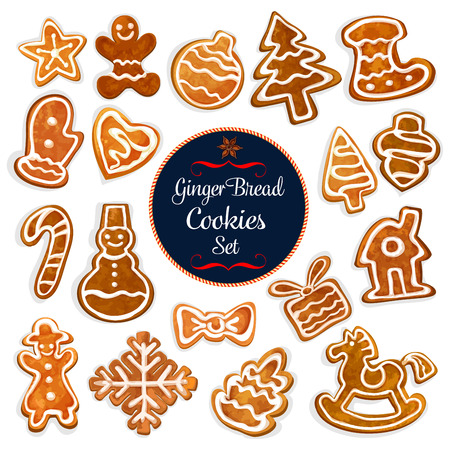 Christmas gingerbread cookie with icing. Traditional xmas gingerbread house, man and ginger cookie in a shape of christmas tree, ball, gift box, star, heart, snowman, candy cane, rocking horse, bowのイラスト素材