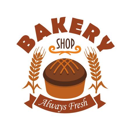 Bakery shop vector label with fresh baked rye bread loaf, wheat and rye ears, brown ribbon with text. Design template for bakery, pastry shop emblemのイラスト素材