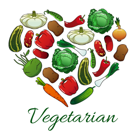 I love vegetarian emblem in heart shape. Vector label of farm fresh vegetables of cabbage, pepper, bean, carrot, potato, kohlrabi, cucumber, peas. Vegan healthy lifestyle concept designのイラスト素材