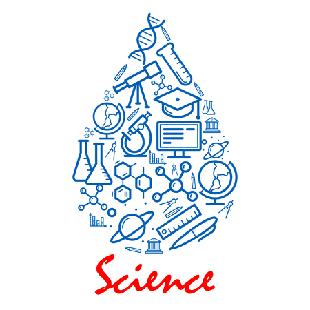 Science emblem in shape of water drop. Scientific objects for education design element. Vector outline icons of planet satellite, dna, telescope, graduation cap, globe, microscope, monitor, atom, computerのイラスト素材