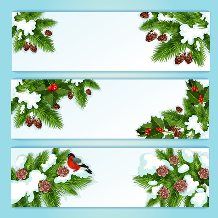 Christmas tree and holly berry festive banner set with snowy holly, fir and pine branches with red berry, bullfinch and pinecone. Winter holiday decoration, New Year label designのイラスト素材