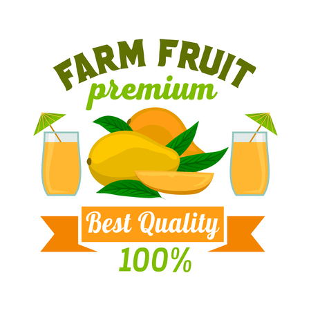 Mango. Premium exotic tropical fruit juice emblem. Vector icon of whole and half cut juicy mango fruit with fresh mango juice glass. Label cafe, vegan drink bar sign sticker, grocery farm storeのイラスト素材