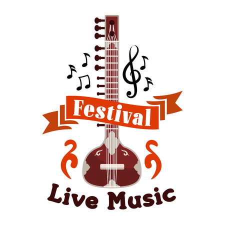 Live folk ethnic music festival vector emblem. Musical label design with string music istrument guitar, banjo, gambusi, biwa, koto, music, notes, clefs, red ribbon for placard, concert poster, music fest bannerのイラスト素材