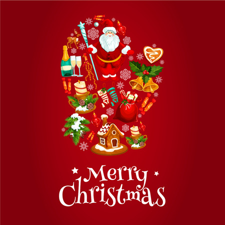 Christmas card of mitten symbol with gift bag, Santa Claus, xmas tree and stocking sock, bauble, snowflake, candy cane, candle and bell with holly berry and pine, gingerbread house, reindeerのイラスト素材