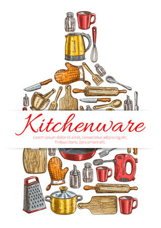 Kitchenware sign. Vecttor symbol of kitchen and cooking utensils in shape of cutting board with electric kettle, saucepan, frying pan, cooking glove, cup, mixer, grater, mortar, cup, salt, pepper, spatula, knifeのイラスト素材