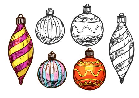 Christmas balls sketch set. Vector isolated new year traditional glass balls icons round and icicle shape, decorated with winter ornamentのイラスト素材