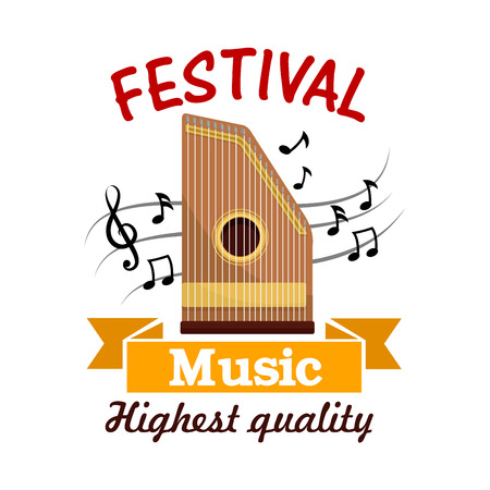 Music cartoon sign of isolated folk stringed musical instrument zither with note and treble clef on stave, adorned by ribbon banner. Ethnic music festival, musical instrument theme designのイラスト素材