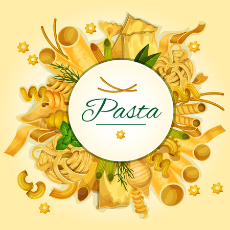 Italian pasta, spaghetti and macaroni banner of traditional italian cuisine dried noodles with basil, spinach, dill and round badge with copy space. Restaurant menu, food designのイラスト素材