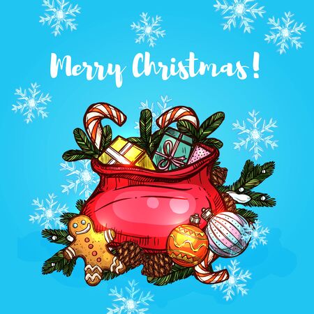 Christmas gifts in santa bag festive card. Present box with bow, candy cane and ginger cookie man in red bag with pine tree branch, bauble ball and snowflake. Winter holidays designのイラスト素材