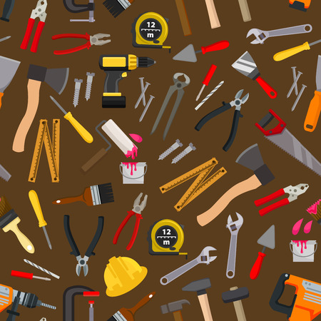 Work tools and equipment seamless pattern with hammer, screwdriver and spanner, pliers, wrench and drill, crew, saw, spatula and trowel, axe, paint roller, brush, nails, measuring tapeのイラスト素材