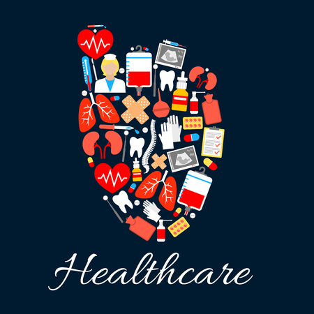 Heart medical poster created of healthcare icons. Pill, syringe, thermometer, doctor and heart, pulse, blood, tooth and baby ultrasound, lung and spine, kidney and plaster. Medicine designのイラスト素材