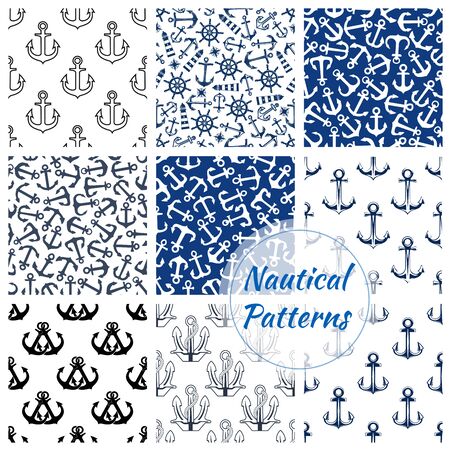 Nautical patterns set. Vector seamless marine background of ship anchor, sailor helm, beacon lighthouse. Navy patternのイラスト素材