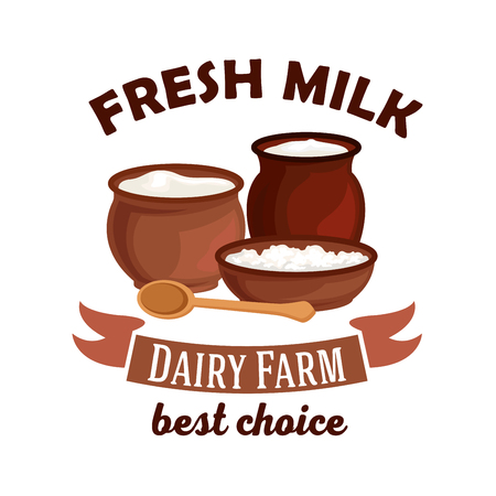 Fresh milk. Dairy farm vector isolated icon. Vector milk pitcher, sour cream jar, milk curd, cottage cheese. Village dairy farm badgeのイラスト素材
