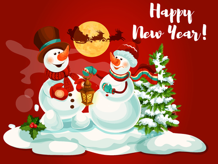 Snowman with candle lantern, holly berry and pine tree looking at silhouette of flying santas sleigh with deer in the sky. New Year winter holidays poster, greeting card designのイラスト素材