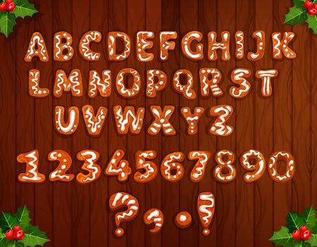Letter and number font made up of Christmas gingerbread on wooden background, decorated by holly berry branches. Christmas gingerbread cookie alphabet for winter holidays theme designのイラスト素材