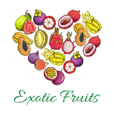 Exotic fruits heart shape poster of orange, papaya, durian, guava, carambola, dragon fruit, lychee, feijoa, passion fruit maracuya, longan, figs, rambutan, mangosteen. Vector tropical whole and half cut sliced juicy exotic tropical fruits iconsのイラスト素材