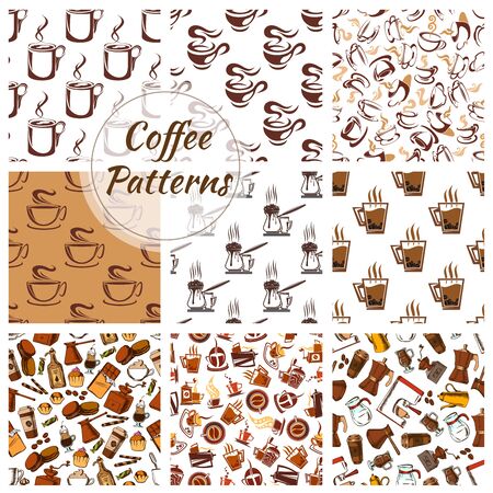 Coffee patterns set of vector coffee bean, cup, coffee mill, moka, cappuccino, coffee maker, turkish pot cezve, mill, grinder icons. Seamless background for cafe, cafeteriaのイラスト素材