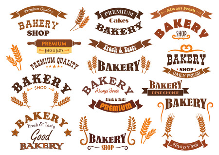 Bakery shop vector signs, icons and badges. Isolated banner and ribbons with stars and rolling pin. Cereal grain harvest symbols for bakery bread shop, pastry and patisserie dessertsのイラスト素材