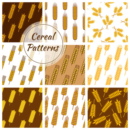 Wheat and rye ears patterns set. Vector seamless background of oat cereal, millet grain, malt grain, spike, barley grain. Backdrops for bakery, pastry, grocery shop, beer bar or pub tiles designのイラスト素材