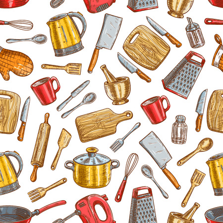 Kitchenware pattern. Vector seamless background of dishware and cooking utensils. Sketch electric up, salt and pepper, spatula and knife, kettle, grater with cooking glove, cutting board, fork, mixer, saucepan and frying panのイラスト素材