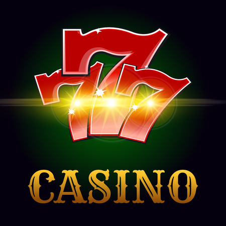 Casino poker game vector poster. Successful jackpot lucky number 7 in golden sparkling light and Vegas style letters on green poker game table background for bets or casino roulette advertisingのイラスト素材