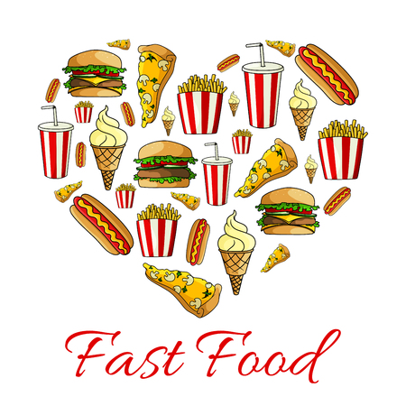 Fast food poster. Heart shape symbol of vector cheeseburger sandwich, pizza slice with french fries, hot dog, soda drink and ice cream, popcorn and donut dessertのイラスト素材
