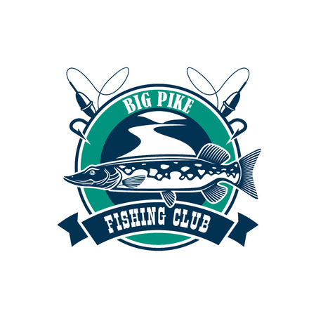 Fishing club isolated icon. Vector fisherman adventure and camping sport sign or badge with circle emblem and big pike fish, fishing rod with floats on river water and ribbon designのイラスト素材