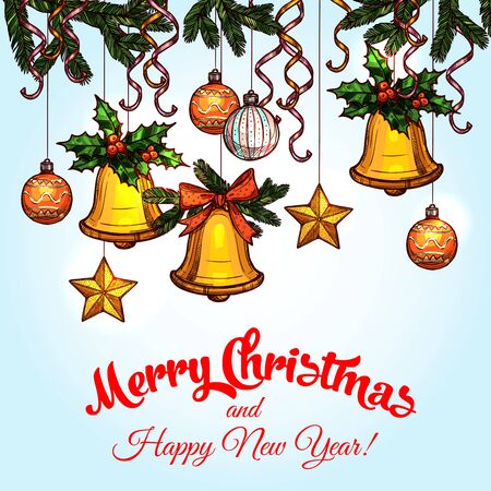 Merry Christmas and New Year greeting card. Golden bell, star and bauble ball hanging on Christmas tree with holly berry and pine branches with ribbon bow. Winter holidays sketched poster designのイラスト素材