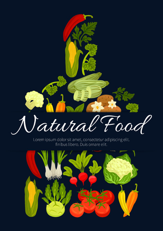 Vegetables, veggies and greens in shape of cutting board with cauliflower, kohlrabi and broccoli cabbage, corn with potato, beet, carrot and radish, parsley, broccoli, pea and pepper, cucumber and tomato. Vector posterのイラスト素材