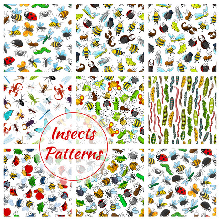 Insects and bugs patterns set. Cartoon smiling bee, worm and beetle, bumblebee hornet, butterfly and fly, chafer, grasshopper or cricket, wasp with caterpillar and ladybug, scorpion and spider, ant and mosquito. Vector seamless backgroundのイラスト素材
