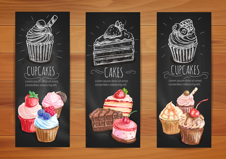 Cake and cupcake menu blackboard banners. Pastry dessert posters with chocolate cake, vanilla cream cupcake, caramel muffin and fruit dessert with fresh berriesのイラスト素材