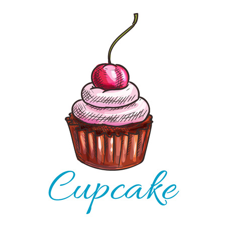 Chocolate tart cupcake icon. Vector dessert cake emblem with creamy pink topping and cherry. Color sketch label template for cafe menu card, cafeteria signboard, bakery shopのイラスト素材