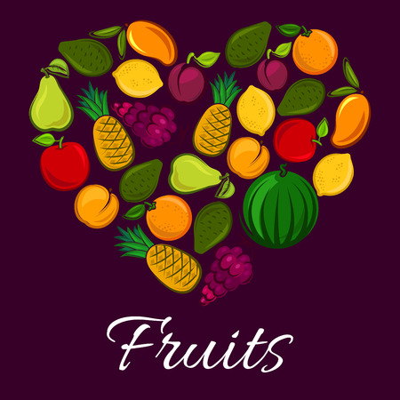 Heart of fruits. Vector fruit poster with fresh fruit harvest of ripe watermelon, red grape, juicy orange or tangerine, citrus lemon, exotic mango and tropical pineapple with avocado, pear, apricot and apple. Symbol of farm harvest organic fruitsのイラスト素材