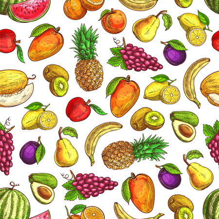 Fruits pattern. Seamless background of fresh tropical, exotic and citrus fruits of mango, lemon and grape, pineapple, banana, pear, watermelon and plum, kiwi and melon, avocado. Whole and sliced sketch textured fruitsのイラスト素材