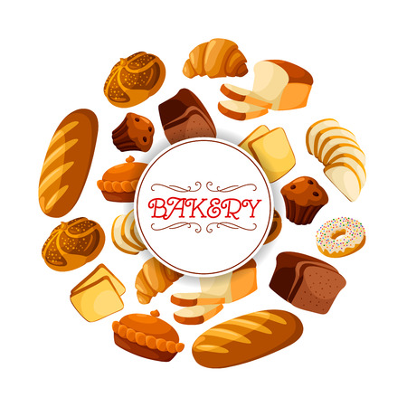Bakery food or bread loaf, baguette banner. Butterbrot or brick rye pastry and baton, french croissant and cereal anadama, cake with raisins and grain, donut or doughnut. Perfectly fits for breakfast or dinner snack, bakehouse or shopのイラスト素材