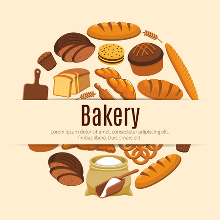Pastry food and baked bread and wheat banner. Loaf of rye and brick bread and baguette, baton and ear, croissant and bun, wooden cutting board and roller pin, flour bag and kringle, cake with raisins. Nutrition and baker shop, cooking posterのイラスト素材