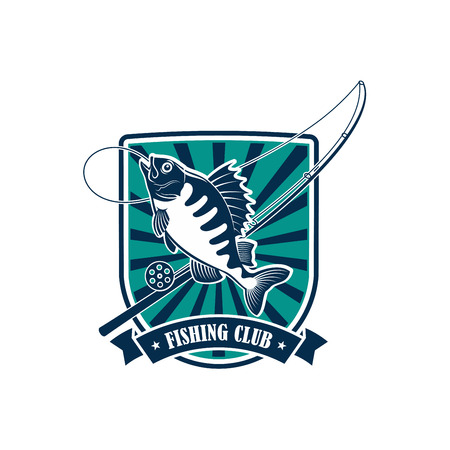 Fishing icon. Fisherman or fisher sport adventure club round badge or emblem with vector symbols of fishing rod with hook and float, river perch, ruff or carp fish with blue ribbon designのイラスト素材