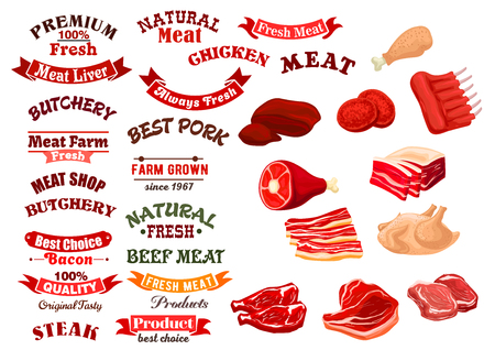 Meat products icons set and vector isolated ribbon banners for butchery or butcher shop sign badge. Farm grown fresh beef filet tenderloin or sirloin, pork bacon or lard, turkey or chicken legs, liver, mutton ribs and meaty mince cutletのイラスト素材