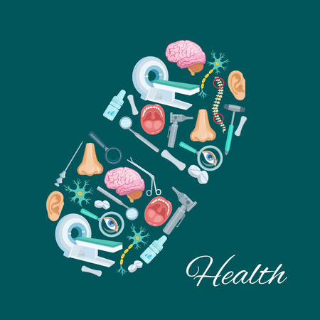 Pill symbol or medical items and medicines drugs, MRI angiogram scanner, human organs brain, spine, nose and ear, nerves, surgery and otolaryngology, instruments syringe needle, scissors, otoscope, spray and pills. Vector healthcare poster designのイラスト素材