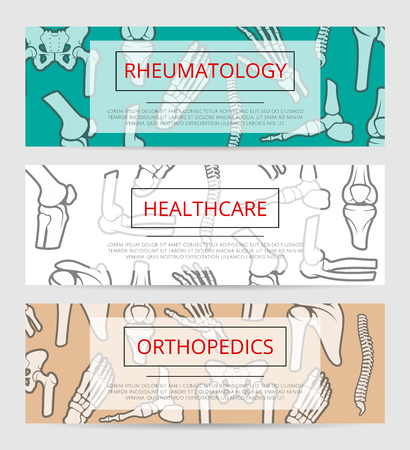 Healthcare, orthopedics and rheumatology banner template with bones and joints. Hand, foot, spine, knee, elbow, pelvis, shoulder signs with text layout for hospital, clinic or diagnostic center designのイラスト素材