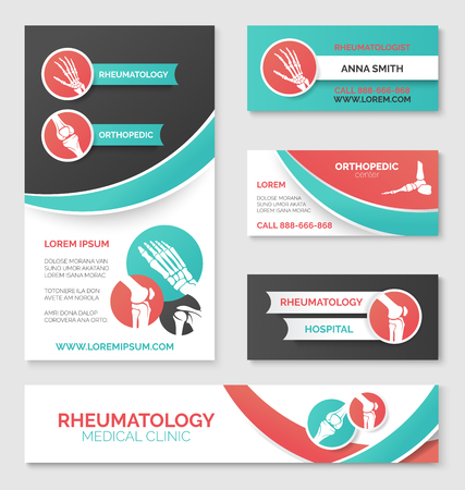 Orthopedic medical clinic banner, rheumatology hospital flyer, orthopedic surgeon and rheumatologist business card layout template design with healthy joints of hand, leg and foot bonesのイラスト素材