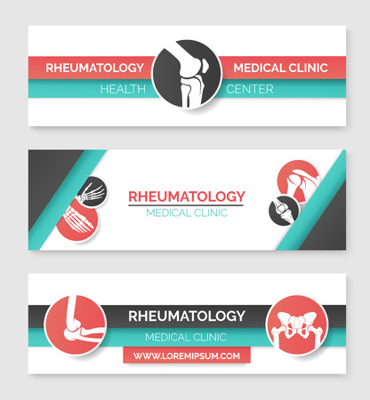 Medical clinic and health center banner template set. Round badges with human skeleton leg, hand, foot, knee, pelvis, shoulder bones and joints for rheumatology medicine and healthcare designのイラスト素材