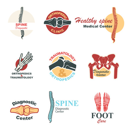 Orthopedics and traumatology emblem set. Human skeleton bones and joints of leg, hand, spine, foot, pelvis and knee symbols for medical clinic, diagnostic center badge and label designのイラスト素材