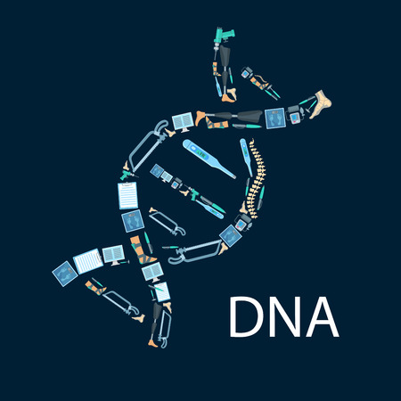 Orthopedy and orthopedics surgery poster in shape of DNA symbol. Orthopedic items and medical tools of human spine, foot and leg limb prosthesis, surgeon drill, hammer and bone saw, thermometer and scales, x-ray radiograph, tonometer or pulsometerのイラスト素材