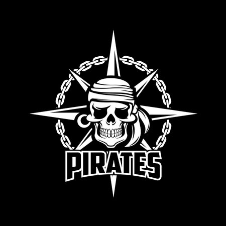 Black pirates flag of vector sailor or captain skeleton skull with earring and kerchief or bandana, ship chain and compass.のイラスト素材