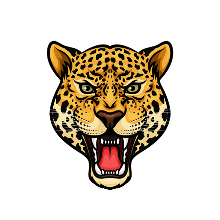 Jaguar head isolated cartoon mascot. Angry leopard or panther roaring with bared teeth and aggressive glare. Wild big cat for t-shirt print, tattoo designのイラスト素材