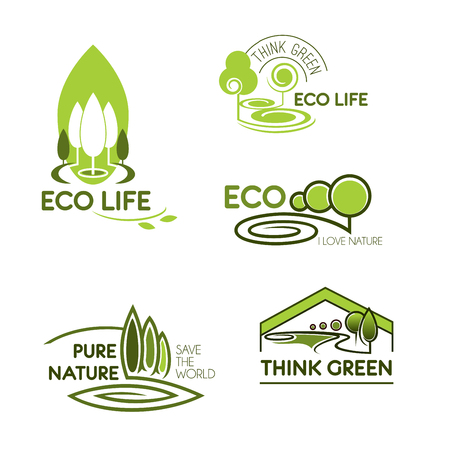 Eco icon set. Eco life, think green and pure nature green signs with trees and plants. Ecology, environment protection, save the world themes designのイラスト素材