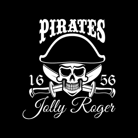 Pirate black vector flag with Jolly Roger skull in captain tricorne hat and swords. Sail or ship piracy poster design design for entertainment party decor, alcohol drink bar or pub emblem or signのイラスト素材