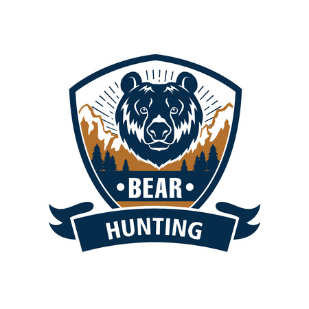 Hunting club emblem with grizzly bear muzzle. Hunter wildlife adventure vector isolated blue icon and ribbon with wild roaring predatory animal and natureのイラスト素材
